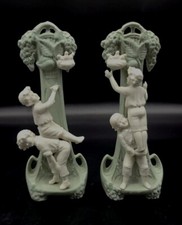 2pc German Art Nouveau Jasperware Bisque Figural Bud Vase Set Birds Nest Boys picture