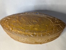 CONSOLIDATED GLASS AMBER LILLY PAD DRAGON FLY LOTUS 1930 GLOVE TRINKET BOX  picture