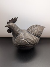 Vintage 2Piece Bronze Tone Metal Rooster Chicken Trinket Box With Detailing 5x7