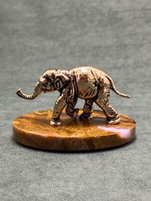 Elephant Statuette Cast Bronze Figurine Art Deco Sculpture Base In Agate Stone picture
