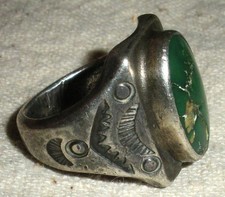 ANTIQUE EARLY NAVAJO GREASY GREEN TURQUOISE STERLING SILVER RING SIZE 7.5 vafo picture