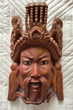SPECTACULAR VINTAGE ROSEWOOD-CARVED ASIAN MASK Genghis Kahn PRISTINE CONDITION picture