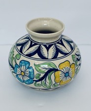 Vintage Hand Painted Vase Made In Italy Geometrico Blue/ Yellow Floral 6