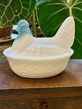 Vintage Westmoreland Hen On Nest, White Milk Glass With Blue Slag Head picture