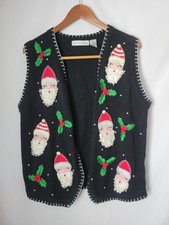 Victoria Jones Ugly Christmas Sweater Vest Women's M Black Santa Holly Applique picture