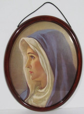 Vtg Virgin Mary Portrait Print Oval Cherry Wood Frame Gold 11” X 9” Germany picture