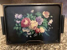 A Set Of 3 Vintage Hand Painted Floral Wooden Tole Black Serving Trays picture