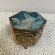 Vintage MELE Brass Trinket Box Young Girl Reading Frangonard Fabric VelvetJapan picture