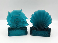 Vintage Teal Blue Anchor Hocking Seashell Glass Tea Light Candle Holder Set 4