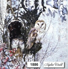 (1886) TWO Individual Paper LUNCHEON Decoupage Napkins - BARN OWL WINTER OWLETS picture