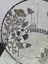 Vintage 25th Anniversary CLEAR GLASS CAKE PLATE Silver Flowers & Trim picture