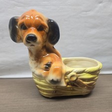 Vtg. Royal Copley large Dog with Blanket Sitting in Picnic Basket Planters  picture