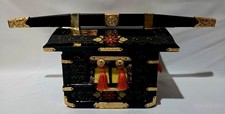 Vintage Mid-Century Japanese Black Lacquerware Palanquin Jewelry Music Box picture