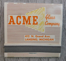 Acme Glass Company Lansing Michigan Full Unstruck Vintage Matchbook Ad picture