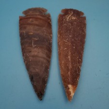 Vintage Hand Knapped Flint Arrowhead Spear Point Set Brown Chert Stone 5.25x1.5 picture