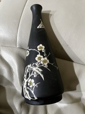 Vintage Asian Black Matte 8.5 Inch Tall ceramic Prunus Vase Fu Lu Tang Mark  picture