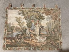 Vintage French Aubusson Jacquard Style Tapestry Hunting Scene Horse Dog picture
