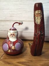 Two Hand painted Christmas Decorations Santa Gourd Driftwood  picture