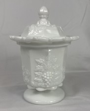 Westmoreland Glass Milk Glass Covered Sugar Paneled Grape Lacey Edge Cottagecore picture
