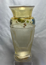 Fenton Art Glass Yellow Opalescent Vase ALS Handpainted Piece White Crested Rim picture