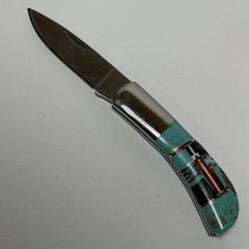 Inlay Blue Mountain Turquoise Folding Pocket Knife Excellent Condition Small picture