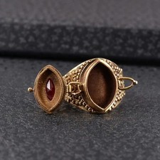 Estate 18K Yellow Gold Over Secret Locket Poison Ring with Red Ruby Gemstone Men picture