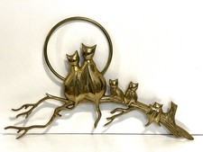 Vtg Brass Cat Family On Branch W/ Moon Wall Hanging Art MCM Decor Kitten Gold picture