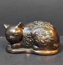 Rare Antique Japanese Slumbering Cat Copper Metal Sculpture Embossed Flowers 3