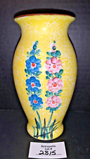 Yellow Hand Painted Pink Blue Flowers Floral Milk Glass Vase Vtg picture