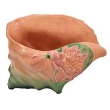 ROSEVILLE Original Vintage Signed Porcelain Pink Conch Shell Water Lily Vase picture