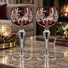 Set of 2 Vintage Cut Crystal Red Wine Glass with Etched Grape and Leaf Design picture