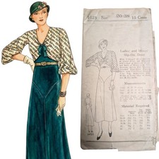 Vtg 1930s Two Tone Dress Pattern 38 Bust Sewing Sz 20 Bishop Sleeve V Neck picture