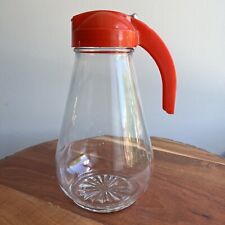 Vintage Dripcut Glass Syrup Dispenser 40  oz. Red Handle Metal Slide 8.5” Tall picture