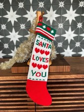 VTG Christmas Knit Stocking Alder 1982 “Santa Loves You” Pom Pom Granny Cottage picture