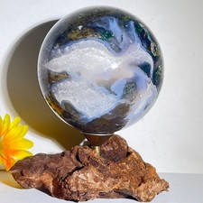 538g Natural Water Grass Agate Crystal Ball Quartz Energy Ball+Bracke picture