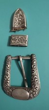 Vintage Nelson Sterling Silver 3-Pc Western Belt Buckle Set Floral Tooled picture