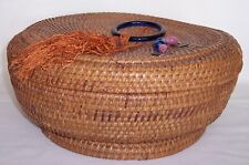 Antique Woven Wicker Rattan Round Sewing Basket Silk Tassel with Glass Beads picture