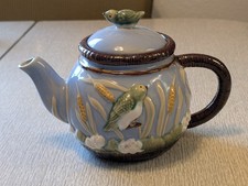 Vintage Nouveau Majolica Bird & Cattails Teapot Wanjiang China Pottery picture