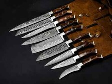 CUSTOM HANDMADE DAMASCUS STEEL FIXED BLADE 9-PCS HUNTING KITCHEN CHEF SET KNIFE picture