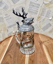 Vintage BMF West Germany Glass Beer Stein Figural Pewter Stag Lid  Hunting Scene picture
