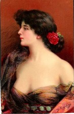 Pretty Lady with Red Rose Vintage Postcard, Artist Drawn, Risque picture