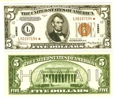 u Reproduction Note Hawaii 5 Dollars 1934 Pick #37     1839R picture