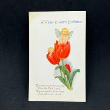 Antique Cherub Angel Tulip Flower Birthday Postcard Embossed Unposted picture