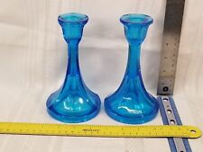 New Martinsville Viking Epic Blue Art Glass Candle Stick Holders picture
