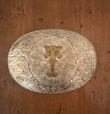 Vintage Crumrine Nickel Silver Western T Belt Buckle “T” Initial picture