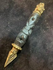 8.0 Inch Large Tibetan Brass Dhanada Inlay Old Black Jade *Figure* Dorje  picture