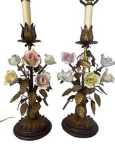Vintage Italian Gilt Tole Floral Table Lamps Pair Hollywood Regency Porcelain picture