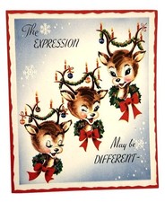 Vintage 1950s Christmas Card Kitsch Reindeer MCM Anthropomorphic used picture