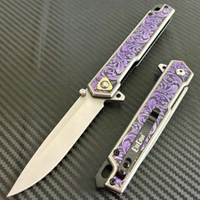 9” Purple Flower Engraved EDC Tactical Spring Assisted Open Pocket Knife picture