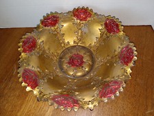 Vintage Goofus Glass Bowl 9” width 2 1/2” Depth. Gold W/ Red Roses picture